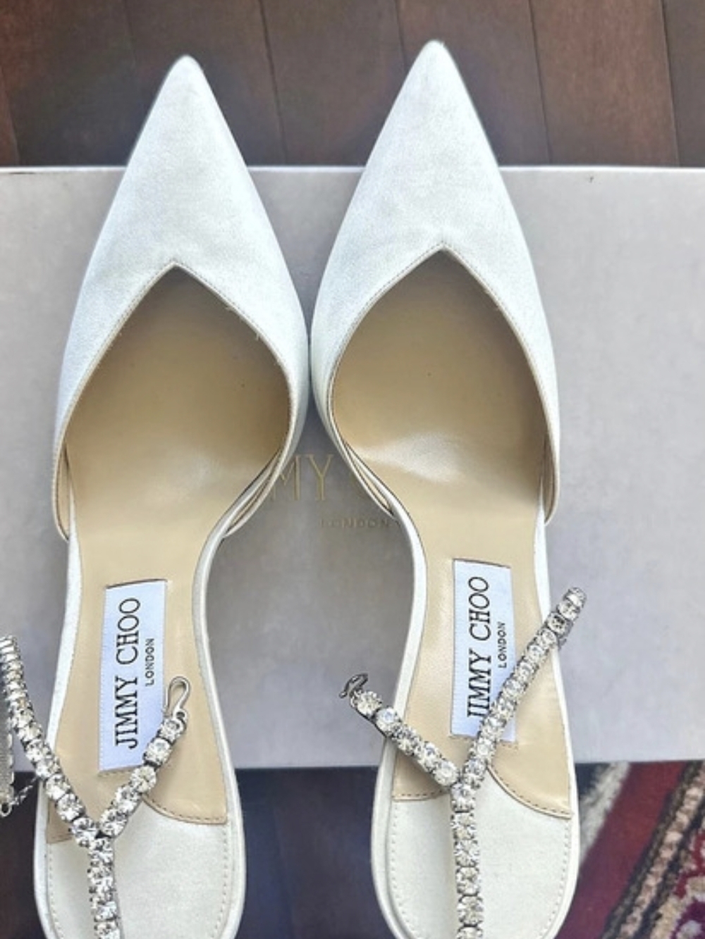Jimmy Choo Bing 100 Ivory Satin Mules with Crystal-Embellished Strap